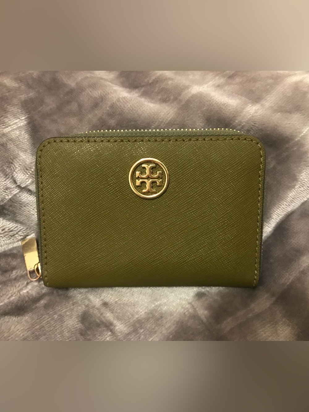 Tory Burch Olive Green Leather Zip Pouch with Gold Logo
